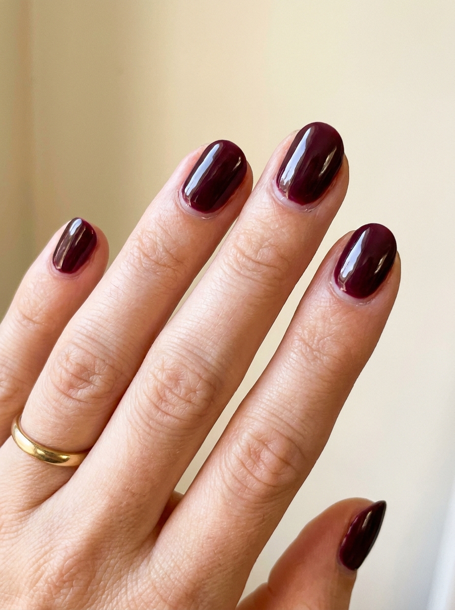 Glossy Wine Red Short Nails als Dunkelrote Nägel Ideen Inspiration 2026